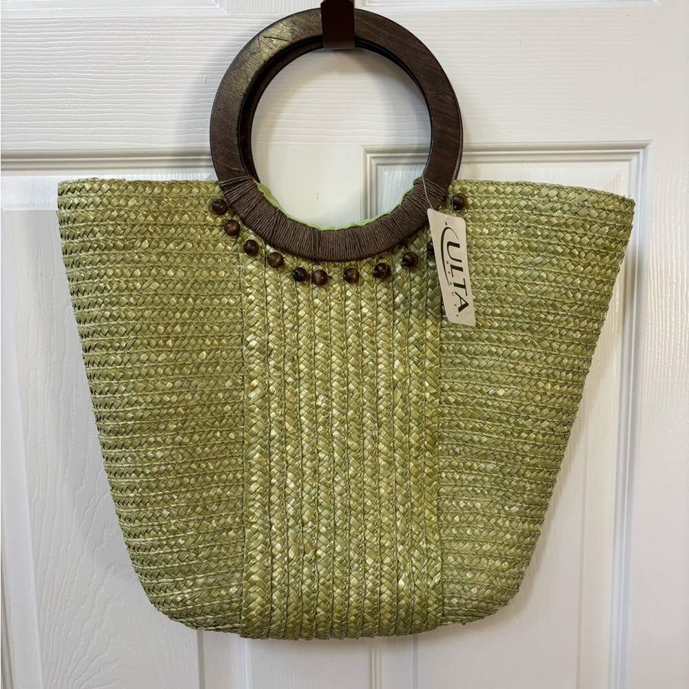 Ulta Beauty Light Green Straw Tote with Wooden Ring Handles and Bead Accent
